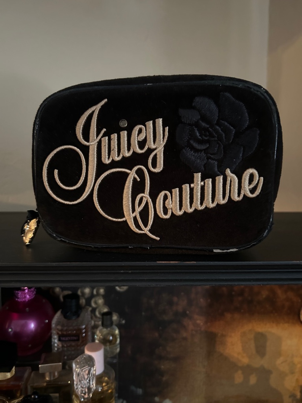 Juicy Couture Black Velvet Logo Cosmetic Pouch with Embroidered Flower